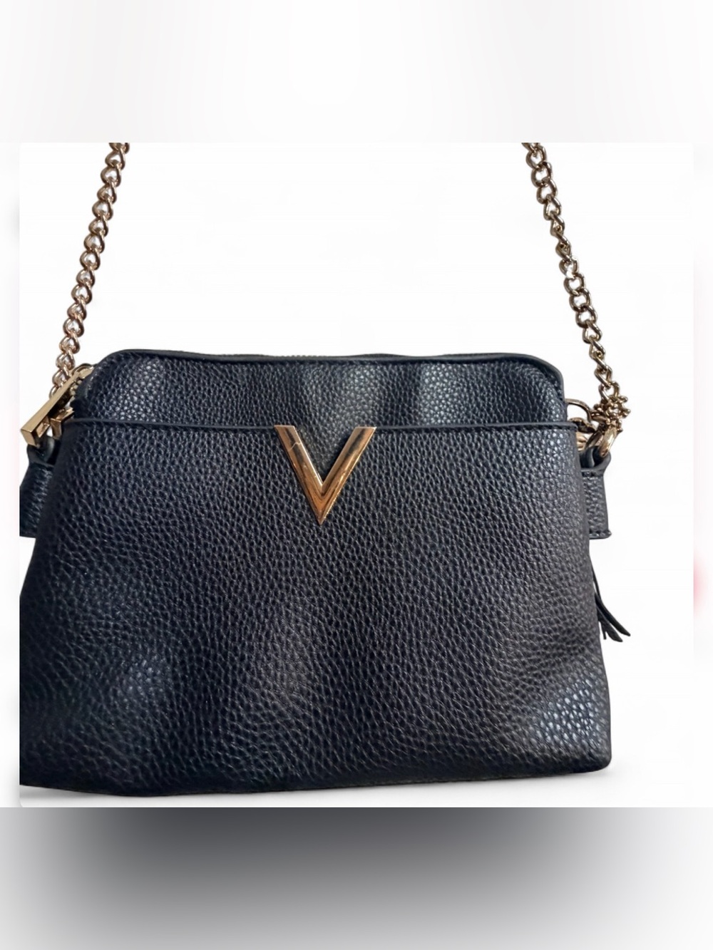 Black Leather Crossbody Bag with Gold V Accent